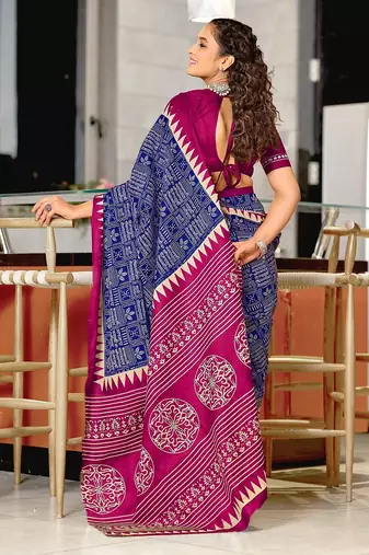 Hand block printed cotton mul saree with blouse