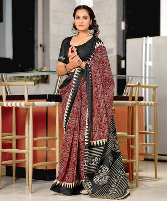 Hand block printed cotton mul saree with blouse 1