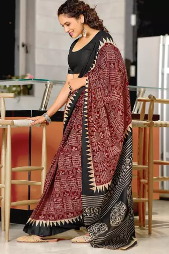 Hand block printed cotton mul saree with blouse