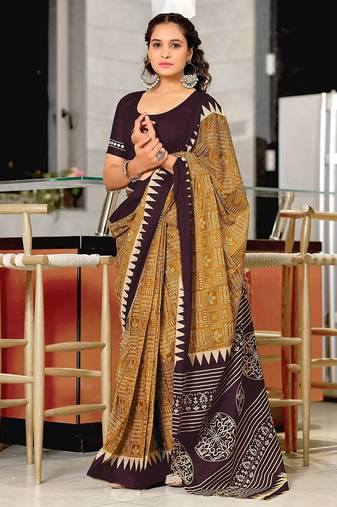 Hand block printed cotton mul saree with blouse