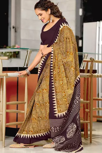 Hand block printed cotton mul saree with blouse