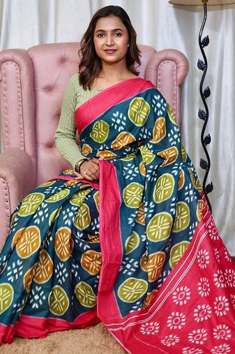 Hand block printed cotton mul saree with blouse