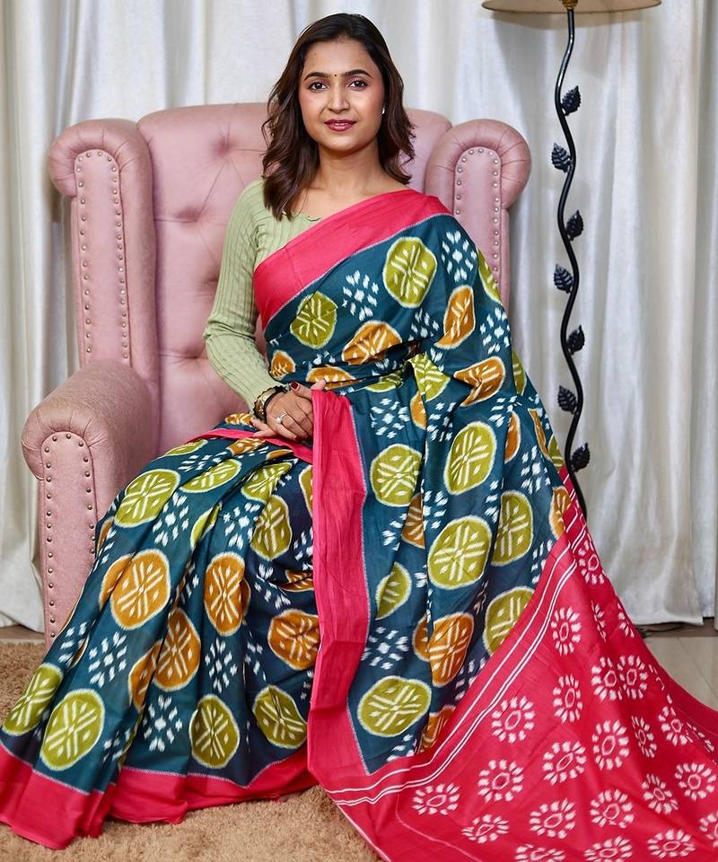 Hand block printed cotton mul saree with blouse