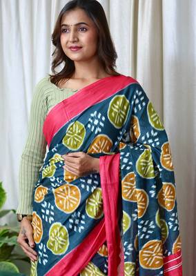 Hand block printed cotton mul saree with blouse 2