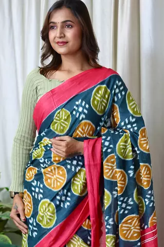 Hand block printed cotton mul saree with blouse