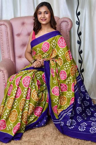 Hand block printed cotton mul saree with blouse