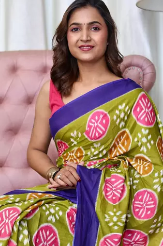 Hand block printed cotton mul saree with blouse