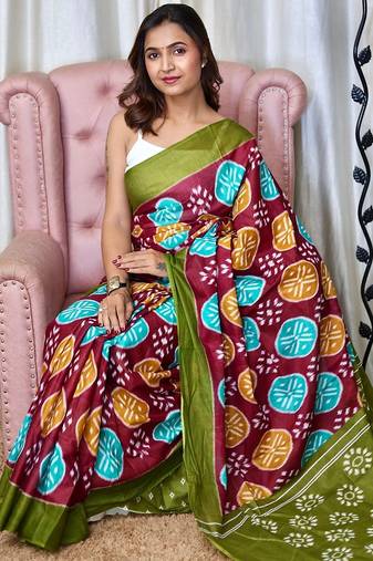 Hand block printed cotton mul saree with blouse