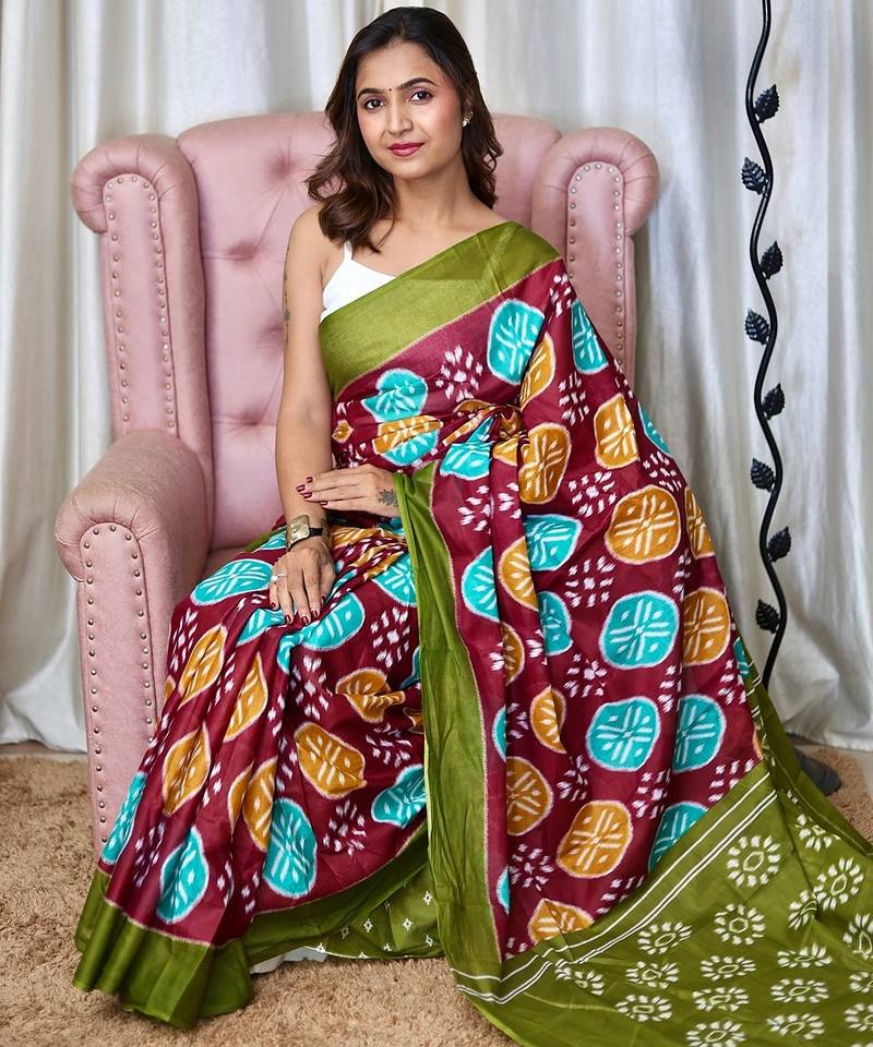 Hand block printed cotton mul saree with blouse