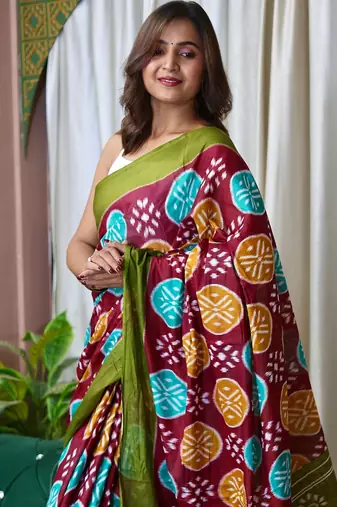 Hand block printed cotton mul saree with blouse