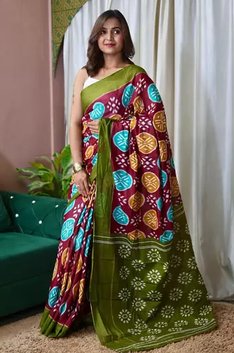 Hand block printed cotton mul saree with blouse
