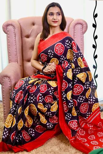 Hand block printed cotton mul saree with blouse