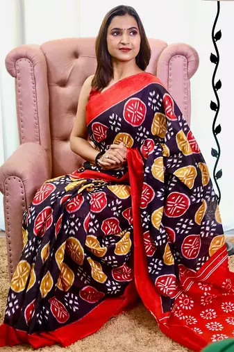 Hand block printed cotton mul saree with blouse