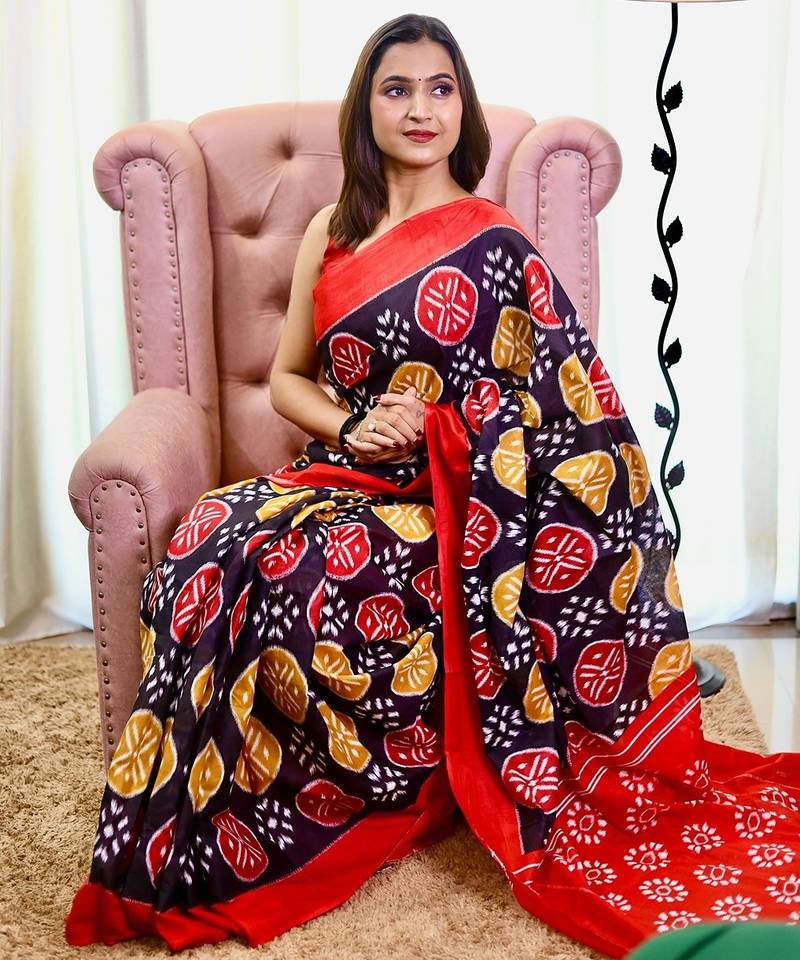 Hand block printed cotton mul saree with blouse