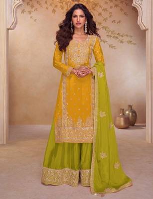 Yellow free size palazzo suit with embroidered sequin  1