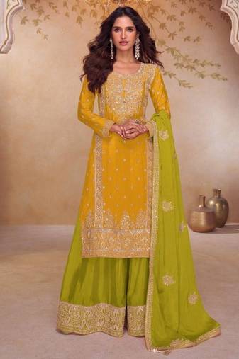 Yellow free size stitched palazzo suit with embroidery & sequin work