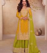 Yellow free size stitched palazzo suit with embroidery & sequin work