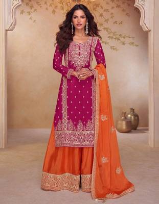 Rani pink free size palazzo suit with embroidered sequin  1