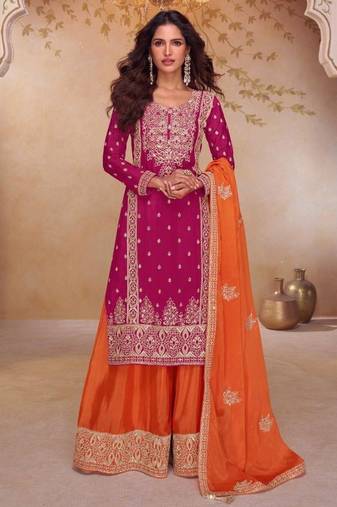Rani pink free size stitched palazzo suit with embroidery & sequin work