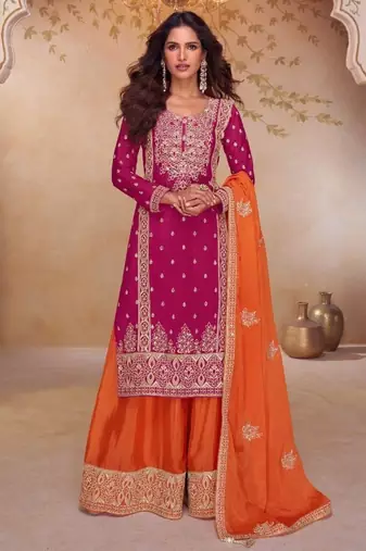 Rani pink free size stitched palazzo suit with embroidery & sequin work