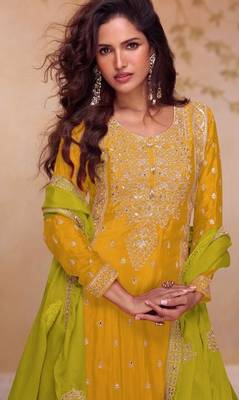 Yellow free size palazzo suit with embroidered sequin  2