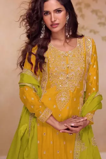 Yellow free size palazzo suit with embroidered sequin 