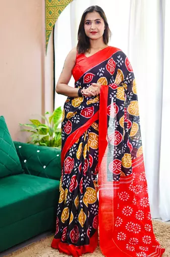 Hand block printed cotton mul saree with blouse