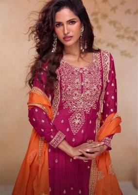 Rani pink free size palazzo suit with embroidered sequin  2