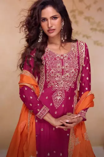 Rani pink free size palazzo suit with embroidery & sequin work