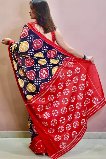 Hand block printed cotton mul saree with blouse