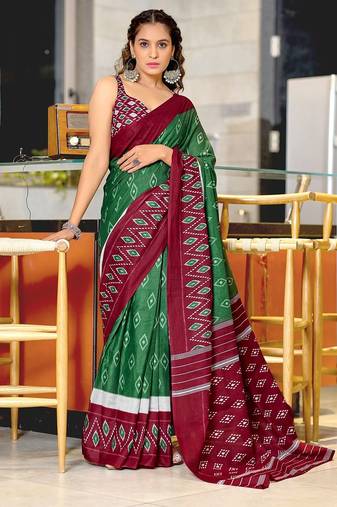 Hand block printed cotton mul saree with blouse