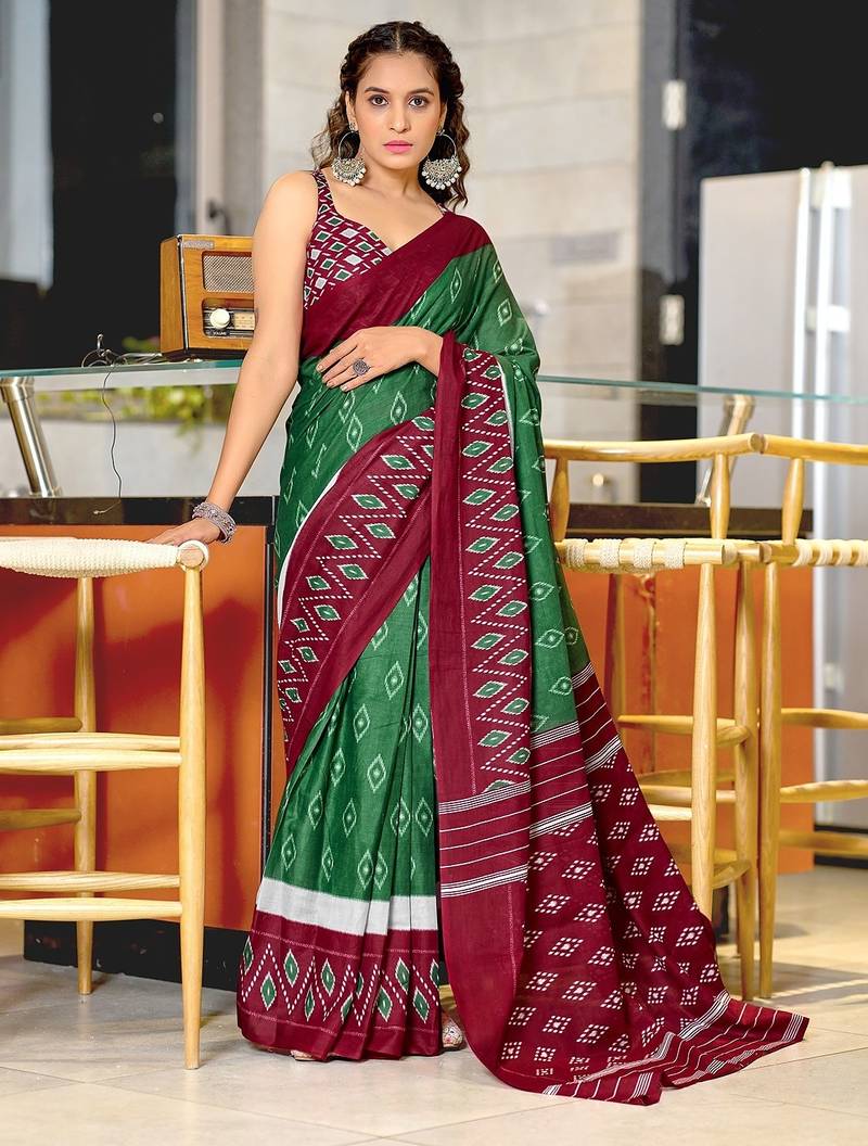 Hand block printed cotton mul saree with blouse