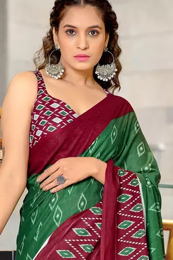 Hand block printed cotton mul saree with blouse