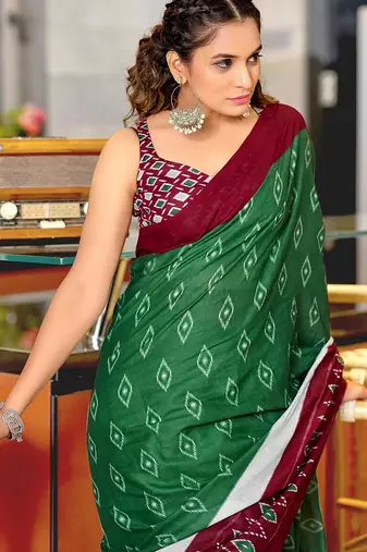 Hand block printed cotton mul saree with blouse