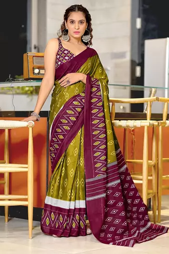 Hand block printed cotton mul saree with blouse
