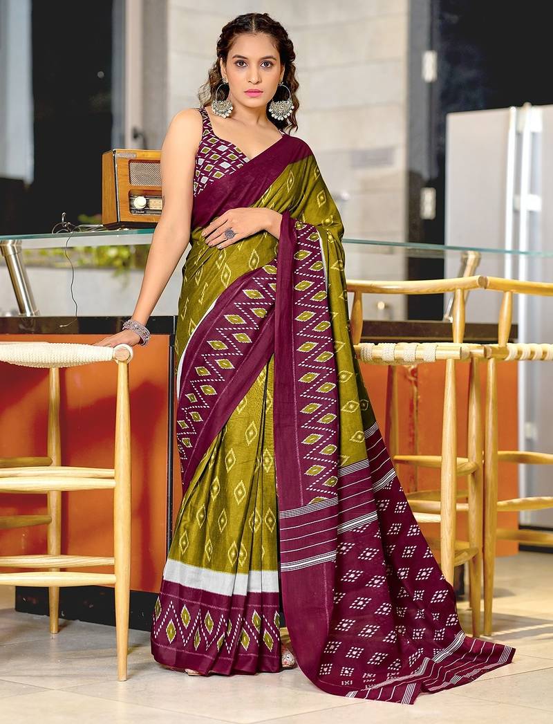 Hand block printed cotton mul saree with blouse