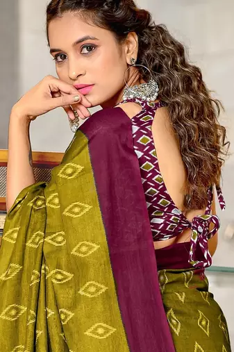 Hand block printed cotton mul saree with blouse