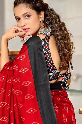 Hand block printed cotton mul saree with blouse