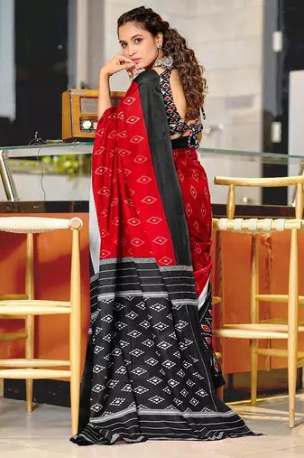Hand block printed cotton mul saree with blouse