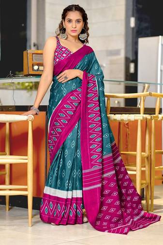 Hand block printed cotton mul saree with blouse