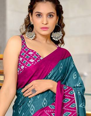 Hand block printed cotton mul saree with blouse 2