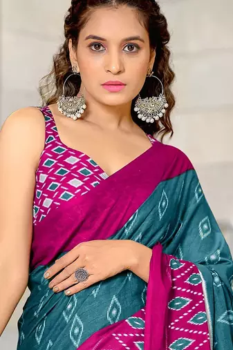Hand block printed cotton mul saree with blouse