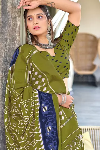 Ikkat hand block print mulmul cotton sarees