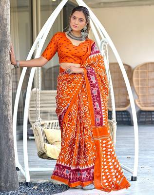 Ikkat hand block print mulmul cotton sarees 1
