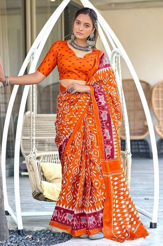 Ikkat hand block print mulmul cotton sarees