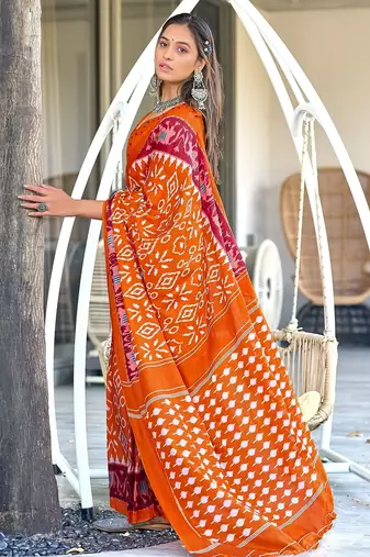 Ikkat hand block print mulmul cotton sarees