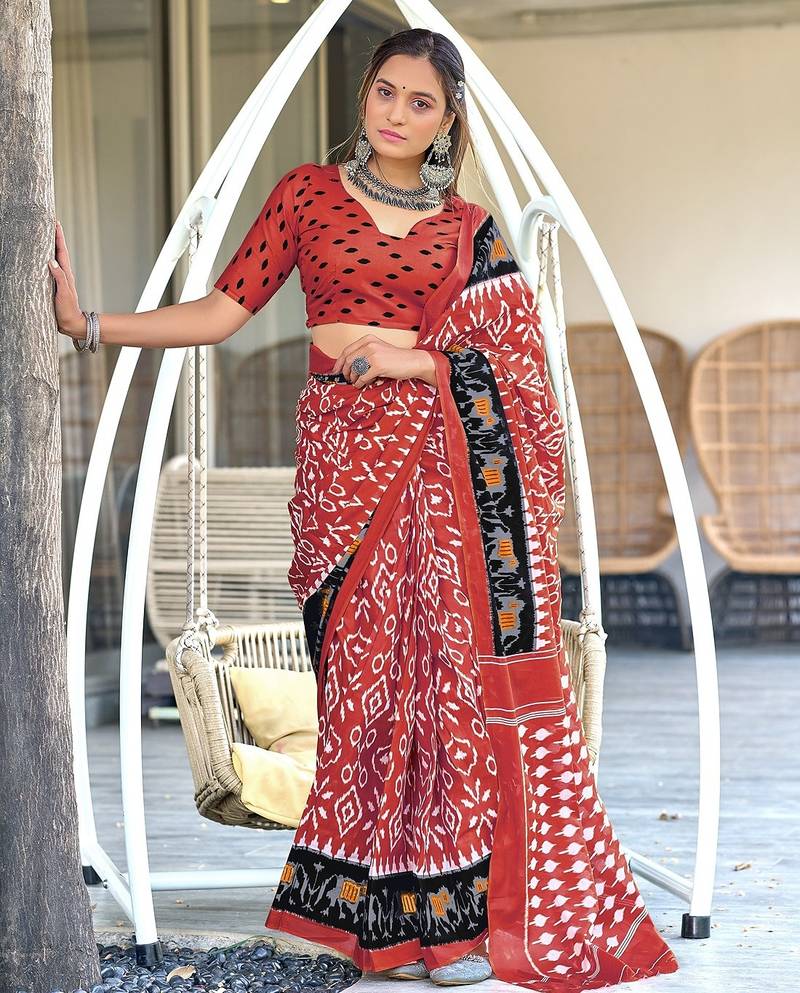 Ikkat hand block print mulmul cotton sarees