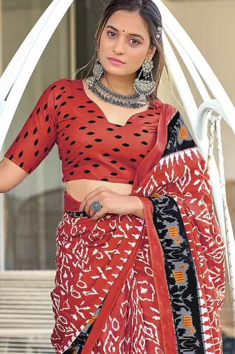 Ikkat hand block print mulmul cotton sarees