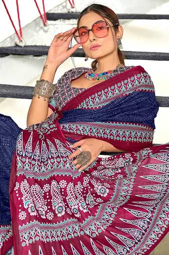 Bandhani hand block print mulmul cotton sarees