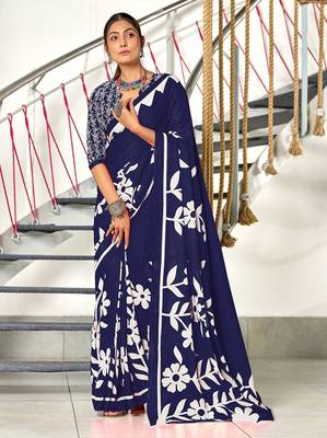 Hand block printed cotton mul saree with blouse 1